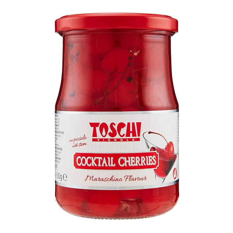 TOSCHI CILIEGIE COCKTAIL - 630Gr. ROSSE  AL GUSTO DI MARASCHINO - CON GAMBO